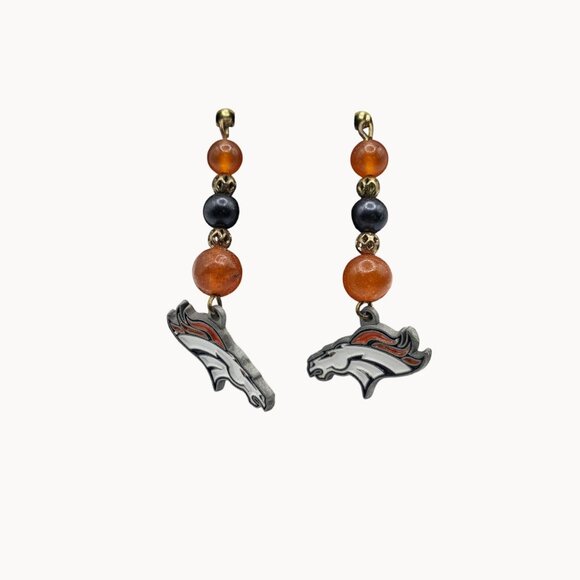 Denver Broncos Football Dangle Drop Team Sports Horse Logo Charm Beaded Earrings - Picture 4 of 6